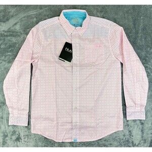 NEW Huk Performance Shirt Men's Small Pink White Button Down Fish Pattern Check